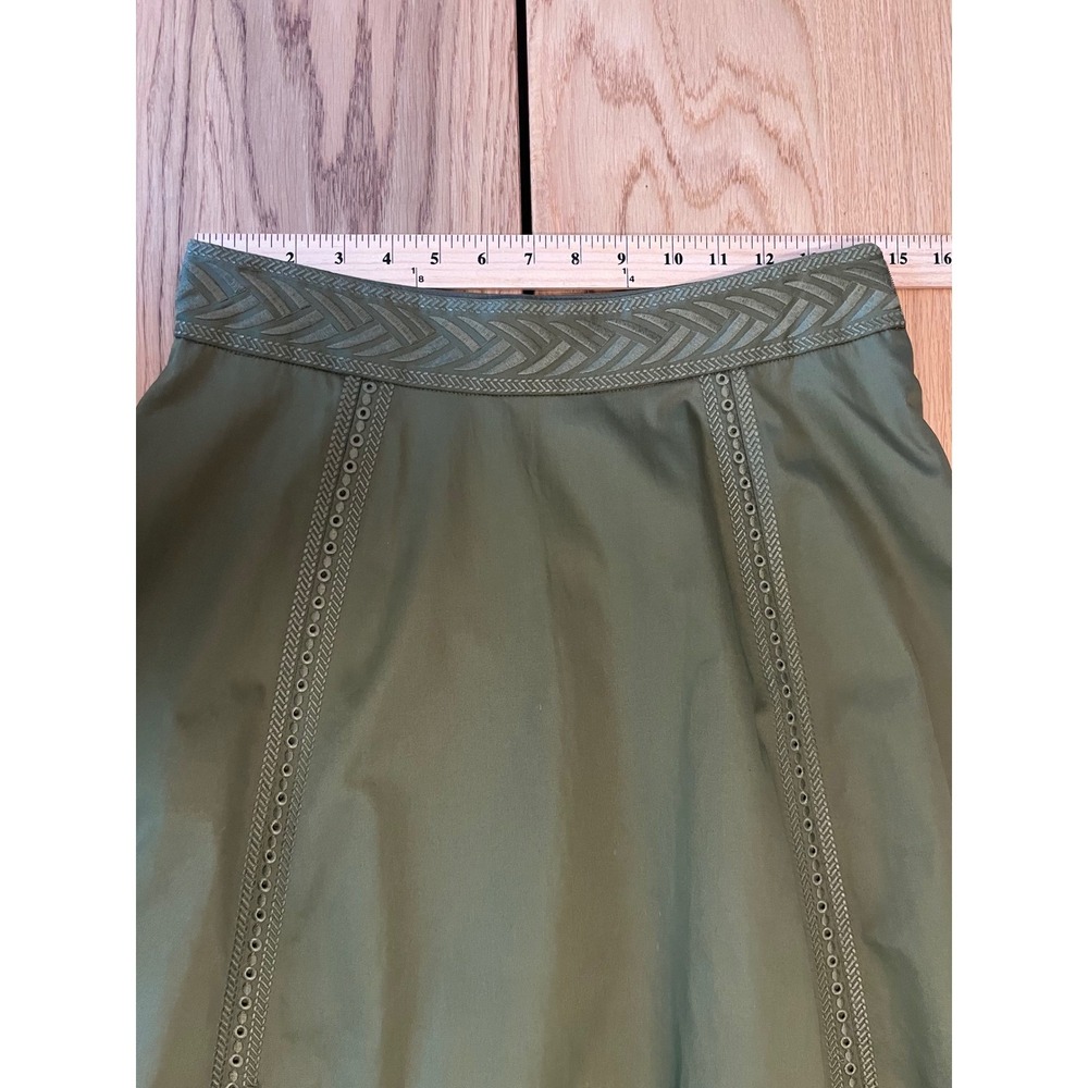 Elie Tahari Daisy Embroidered Poplin Midi Skirt Olive Green Boho-Chic Size 6 - Picture 9 of 10